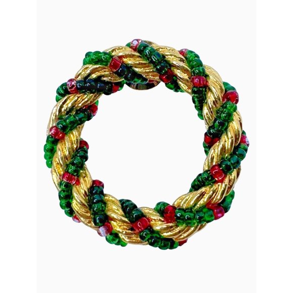 Unbranded Jewelry - Christmas Wreath Brooch Pin Vintage Green Gold-Colored Braid Holly Round 1.5 in